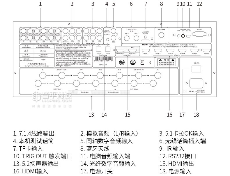 天逸(winner) AT-2300杜比全景聲家功放庭影院專業(yè)大功率影K一體機(jī)